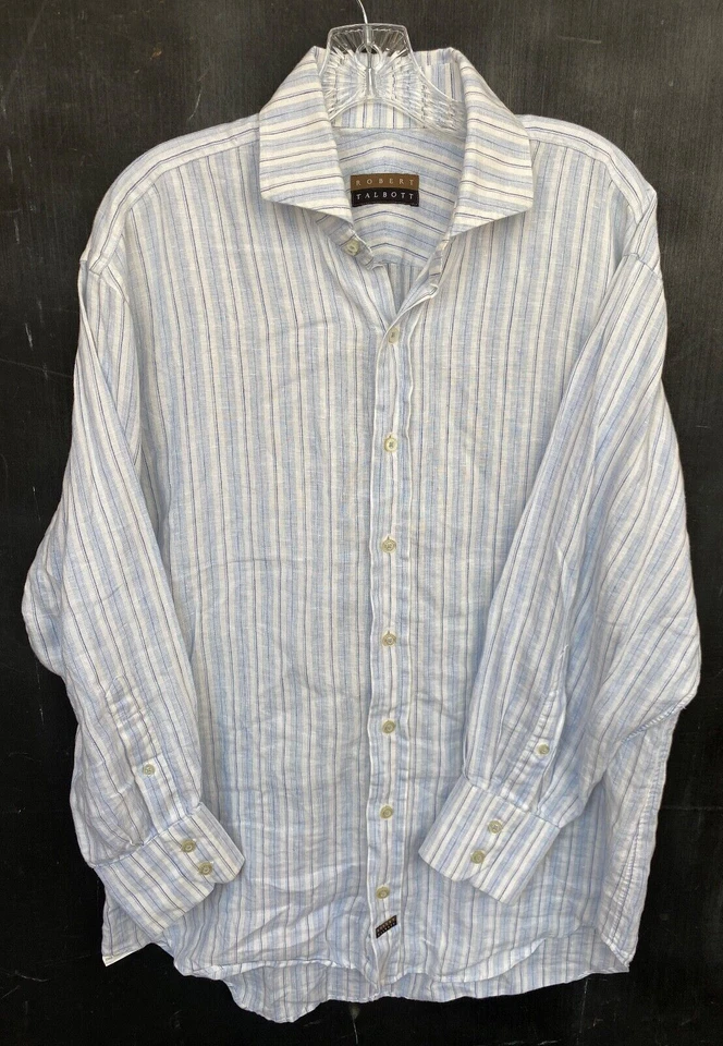 Robert Talbott Linen Shirt Mens Large Blue Stripe Button Front Spread Collar - Image 2 of 4