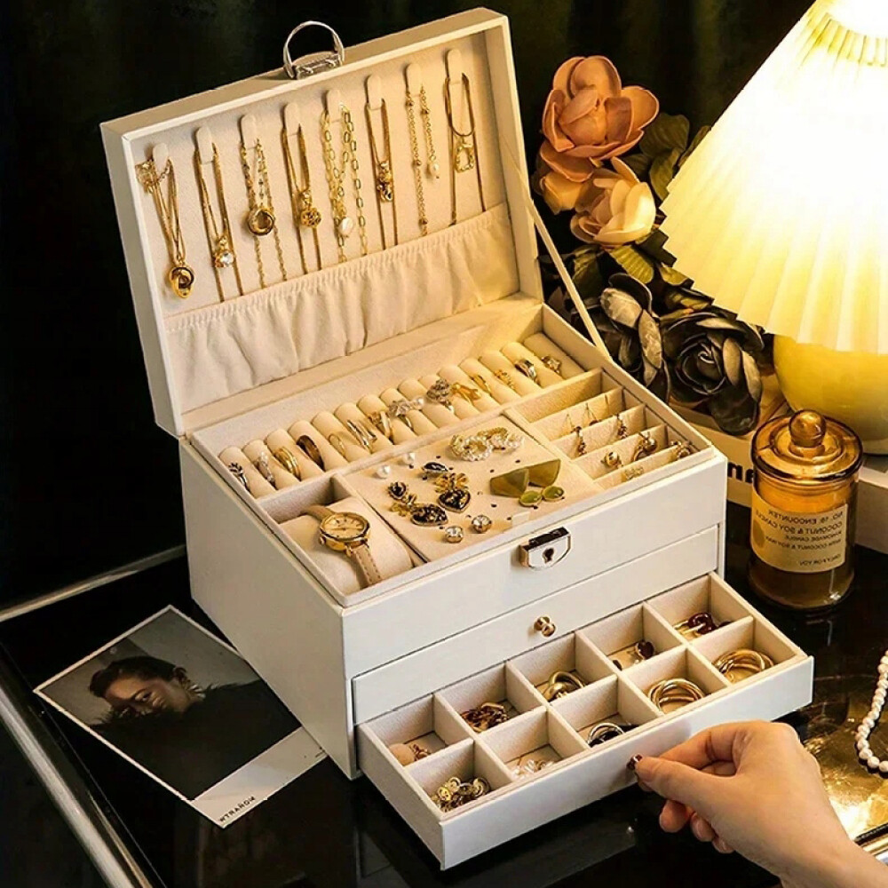 Schmuckschatulle aus PU Große 3 Schichten Schmuck Organizer Schmuckkästchen
