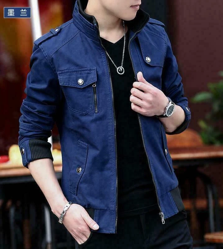 Men s Stand Collar Denim Jacket Coat Retro Casual Zipper Pocket Tops Fashion