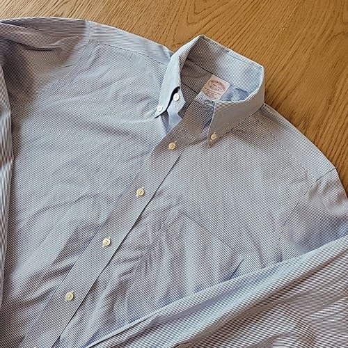 Brooks Brothers Camicia Abito Uomo 14,5 - 34 Blu Bianco Righe Preppy Non Ferro - Foto 4 di 9