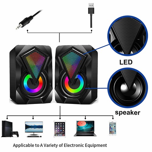 3.5mm RGB LED Mini USB Wired Computer Speakers Stereo Bass For PC Laptop Desktop - Picture 8 of 9