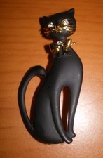Black KITTY CAT Pin Matte Black Enamel  Gold Tone Bow Tie  Diamonique Eyes 2"