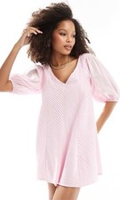 ASOS DESIGN midi puff sleeve mini dress chevron pleat detail in pink size 10