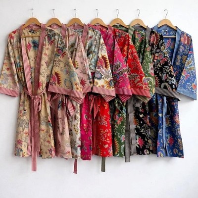 Indian Floral Printed 100% Cotton Robe Long Kimono Sleepwear Night Kimono Dress