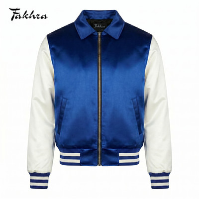 Varsity Bomber Jacket Mens Satin Royal Blue White Sleeves Point Collar Letterman