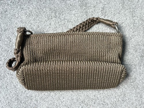 Cute Lina "Amanda" Purse 10”x5” Taupe/Tan Crochet Woven Hand Bag Floral Lining - Picture 6 of 12