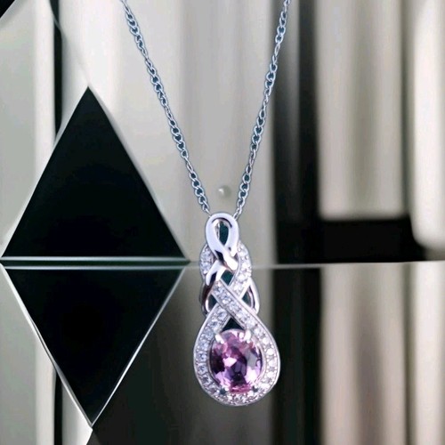 NIB Sterling Silver Necklace Pendant Pink Tourmaline Faceted Oval Framed In CZs - Picture 4 of 9