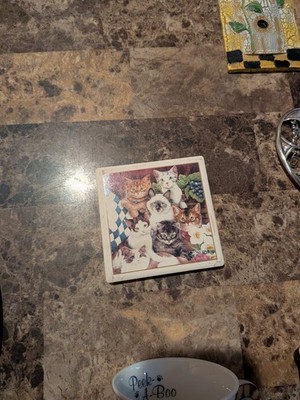 4-Inch Ceramic Cat Coasters - Stylish Art Absorbent Coasters with Cork Base 