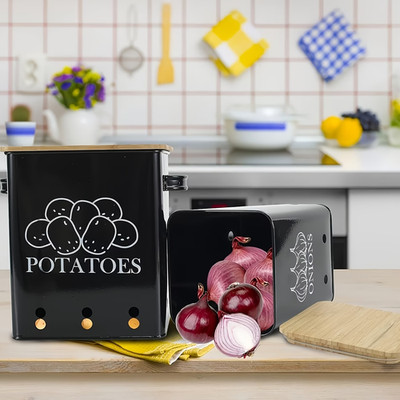 Black Kitchen Storage Canister Potato Onion Bin Ventilated Metal Wood Lid