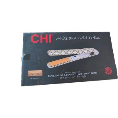 CHI White and Gold Trellis Tourmaline Ceramic Hairstyling Iron & Gold Case NIB