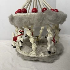 Vintage Macrame Ceramic Horse And Music Box and Beads Wall Hanging Res And White