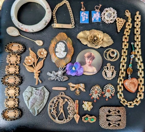 Antique Victorian Vintage Carved Bakelite Pins Jewelry Lot Pins Zodiac Pendant