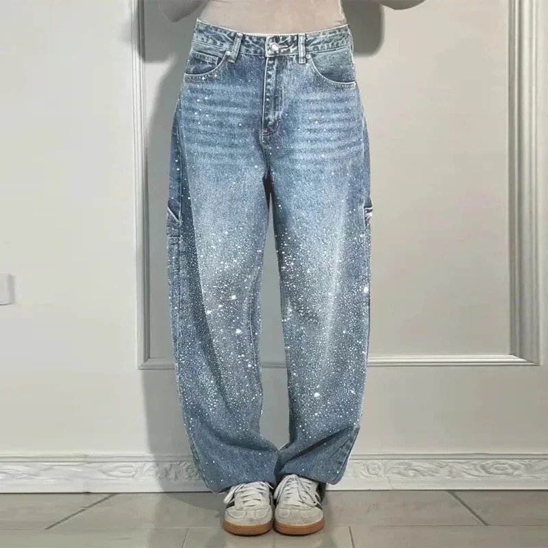 Shiny Rhinestone Baggy Women's Wide Leg Jeans Full Diamond Wide