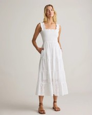 Quince 100% Organic Cotton Eyelet Smocked Midi Dress White XS