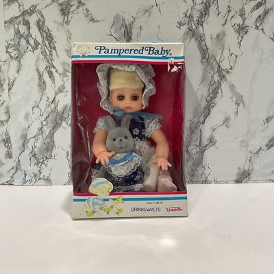 VTG Uneeda Pampered Baby Doll With Bunny & Bottle. Original Box Drinks/Wets