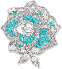 Elegant Rose Flower Brooch Pin for Women,Colorful Rhinestone Blue