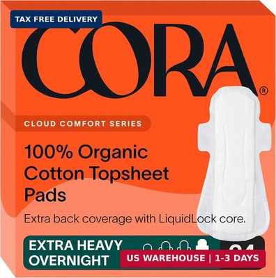 Cora 100% Organic Cotton Topsheet Pads Extra Heavy Overnight Pads (24 Count)