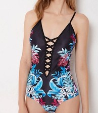 Swimsuit XL Lace Up One Piece Black Floral Cage Strappy New NWT
