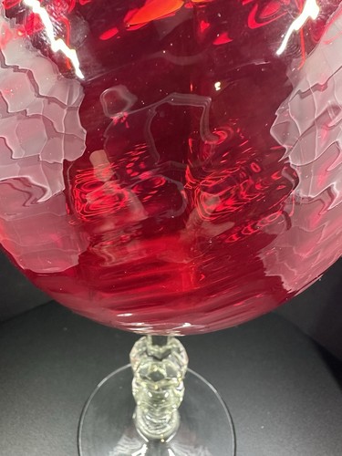Vintage 11-1/4" Empoli Italian Art Glass Optic Red Ivy Bowl Vase w Faceted Stem - Picture 7 of 8