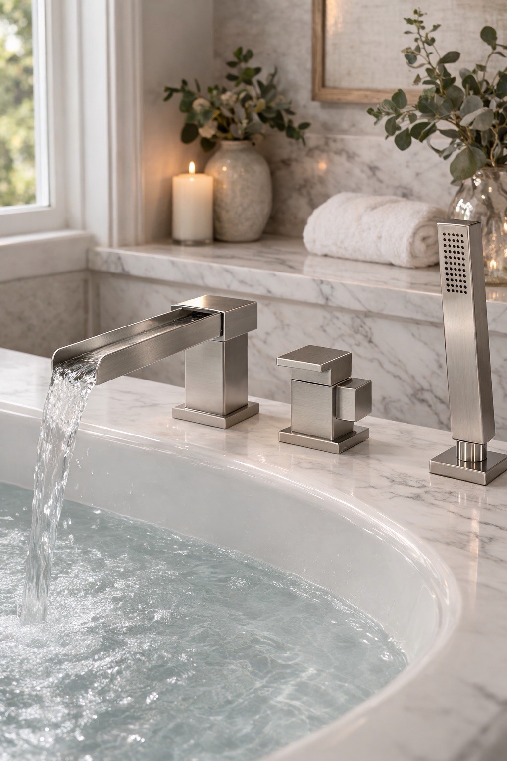 Waterfall Roman Tub Faucet  Set W/ Handheld Sprayer Deck Mou