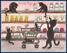 Grocery Shopping with black cats, milk, fish, fun Greeting cards  prints, 0477