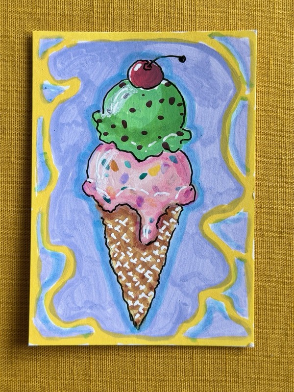 ORIGINAL ACEO Art Acrylic Painting Summer Ice Cream Cone Cherry AnjanelleArt