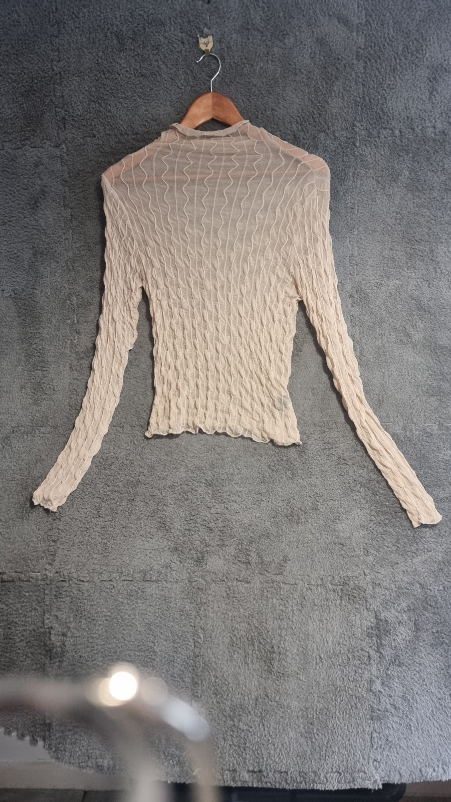 Beige Sheer Mesh Top Size L High Neck Long Sleeve Crinkle Y2K Festival Layering image 2
