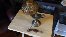 2 Brass Antique Aladdin Themed Lamps W/ Quilted Pearl Amber Globes+Clear Chimney