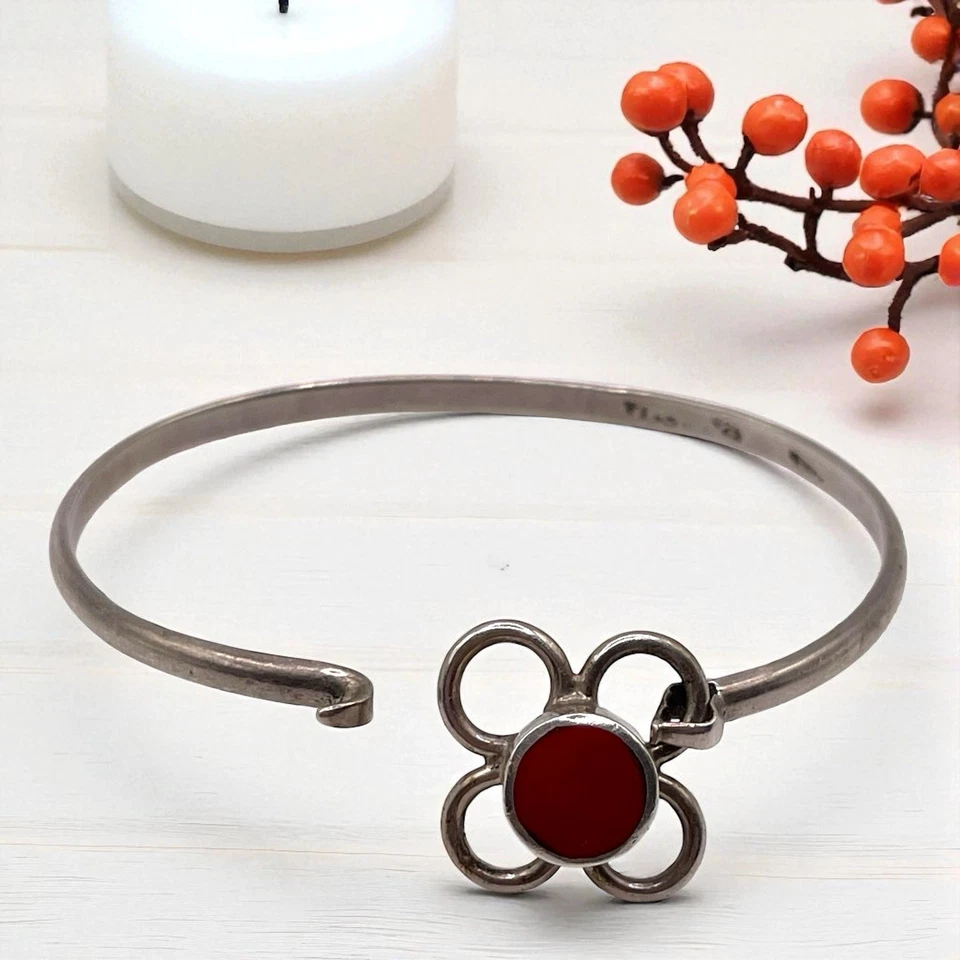 Brazalete Brazalete Taxco Natural Coral Rojo Flor Remolino 925 Esterlina Bisagras, 7" Foto 3 de 4