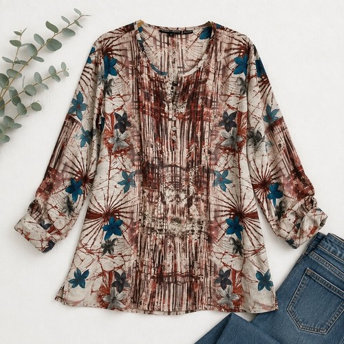 Tolani Collection Goblincore Artsy Floral Tunic Top Women SP Maroon Boho Blouse