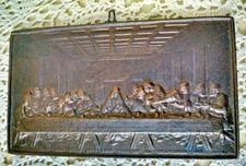 LAST SUPPER PLAQUE VINTAGE BRONZE METAL HANGER UNMARKED 3D RELIEF 5" X 3" JESUS.