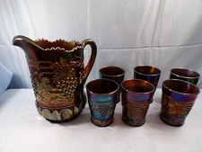Northwood Amethyst Carnival Glass Grape & Cable Water Set Pitcher & 6 Tumblers 2