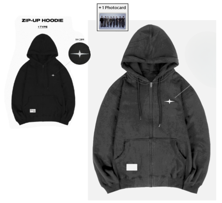 ATEEZ フーディ THE FELLOWSHIP ATEEZ Black Front Zip Hoodie, Whit T-Shirt + 1 Photocard:The