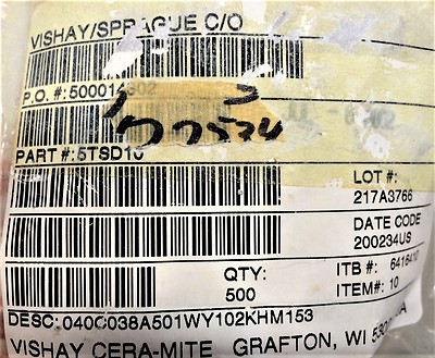 5TSD10 SPRAGUE Ceramic Disc Capacitors  0.001uF 500V RADIAL 40 PIECES
