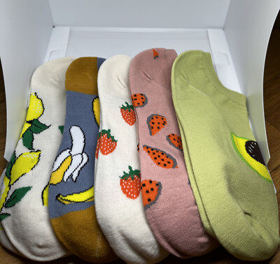 Set Of Five Fruit Themed No Show Socks Avocado, Strawberry,Watermelon, Banana