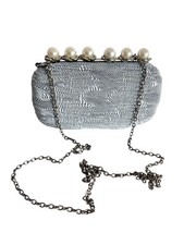 Pearl Crystal Evening Bag Closure and Silver Pleated Fabric 7 x 4.5 x 2 Formal