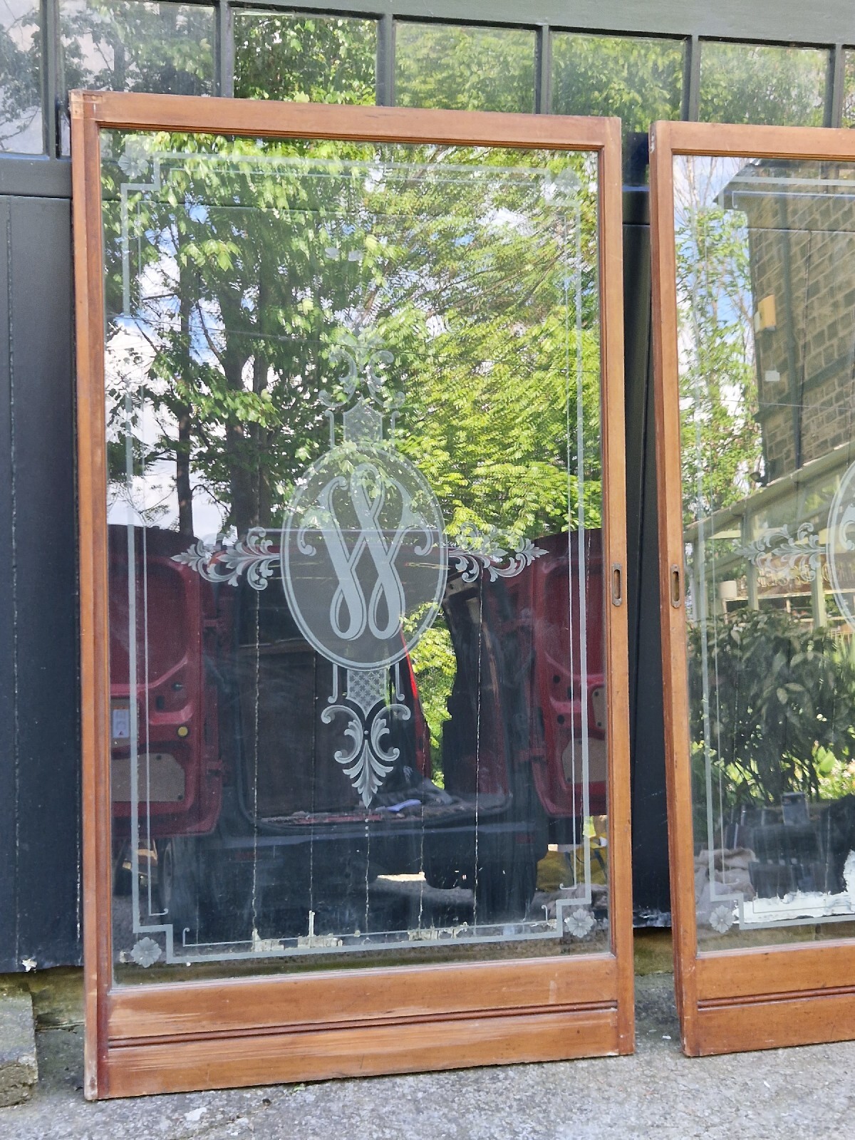 Pair Of Original Victorian Etched Glass Mahogany Panel Room Divider