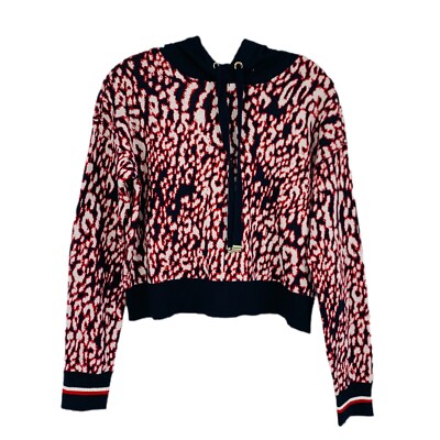 Tommy Hilfiger Sky Captain Leopard Crop Hoodie Red Blue Knit