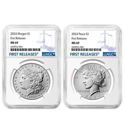 2pc Set - 2024 $1 Morgan and Peace Silver Dollar NGC MS69 FR Blue Label