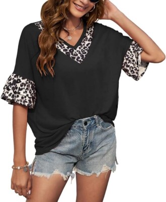 IWOLLENCE V Neck T Shirts for Women Waffle Knit Leopard Large NWT Free Ship
