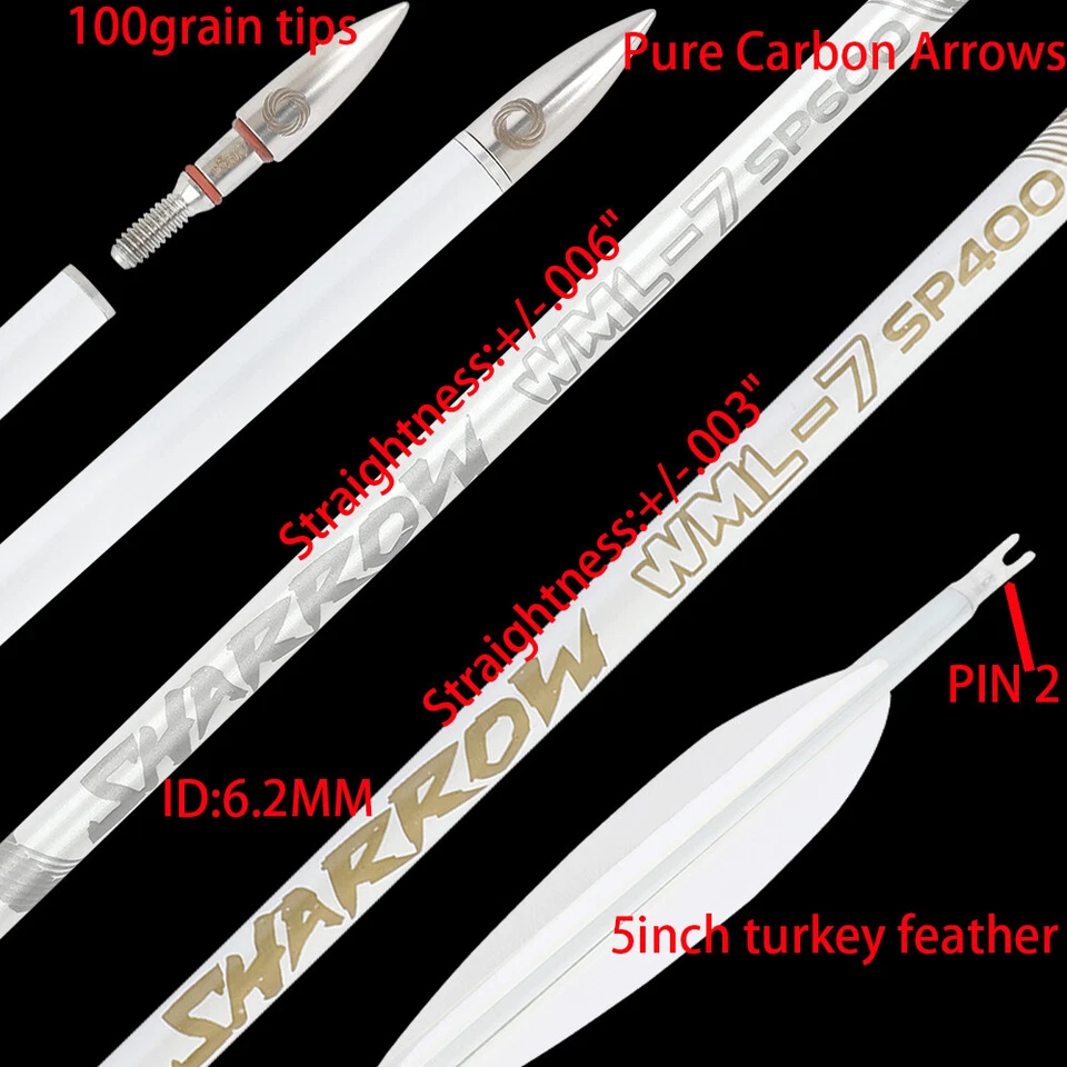 32" Pure Carbon Arrow SP400-800 ID6.2mm Archery 5'' Feathers Recurve Bow Hunting - Image 3 of 4