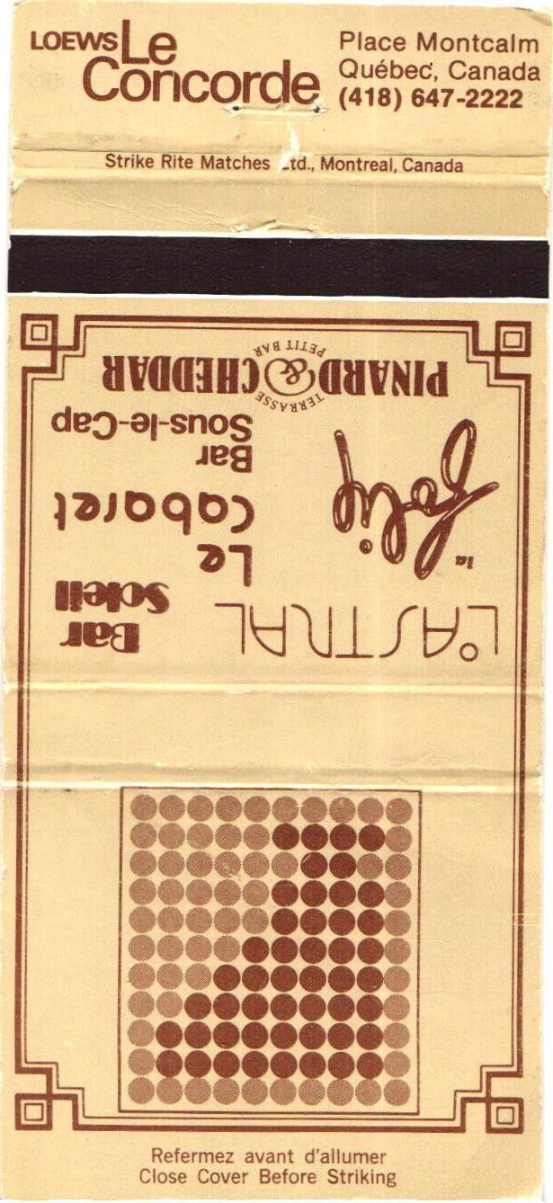 Quebec Canadá Loews Le Concorde L' Astral Bar Soleil Cubierta de colección Matchbook