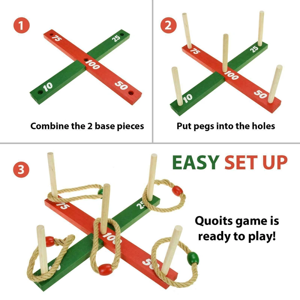 Wooden Garden Quoits Indoor Outdoor Family Pegs Kids Rope Hoopla Game Ring Toss - Image 2 of 4
