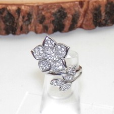 925 Solid Sterling Silver Cubic Zirconia Flower Motif Cocktail Ring Size 6.25