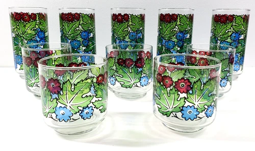 10 Vintage 70s Libbey Tiffany Foliage Barware Glass Tumbler Rocks Drink Set