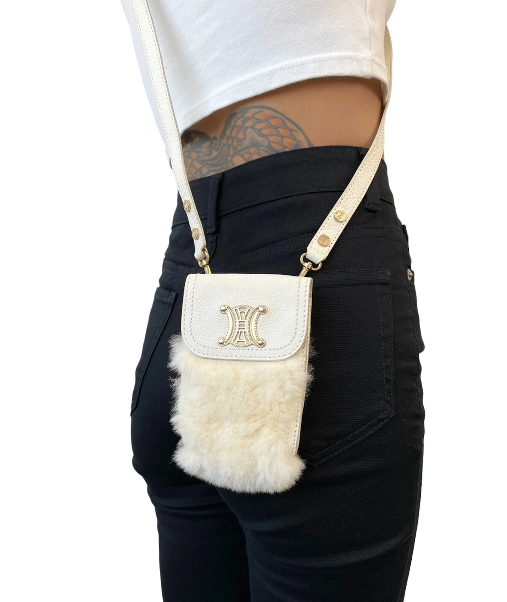 CELINE Vintage Macadam Logo Shoulder Bag Pochette Leather Fur White Gold  RankAB