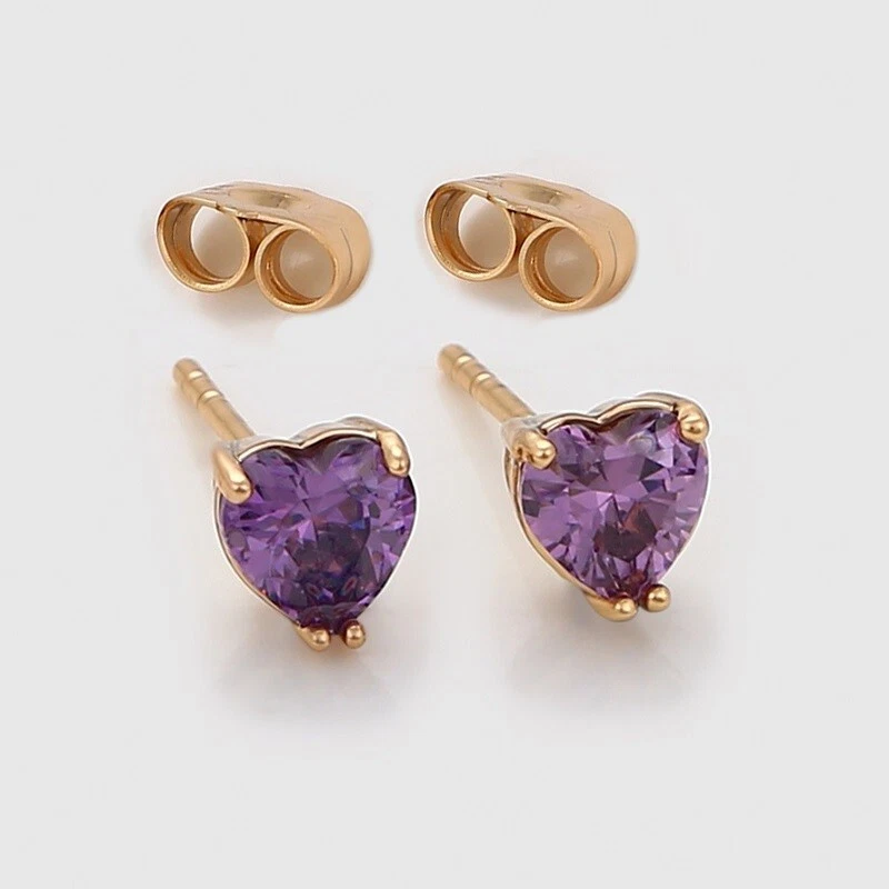 Pendientes de corazón de amatista natural de oro de 18 quilates sobre plata de ley para mujer D58 Foto 2 de 4