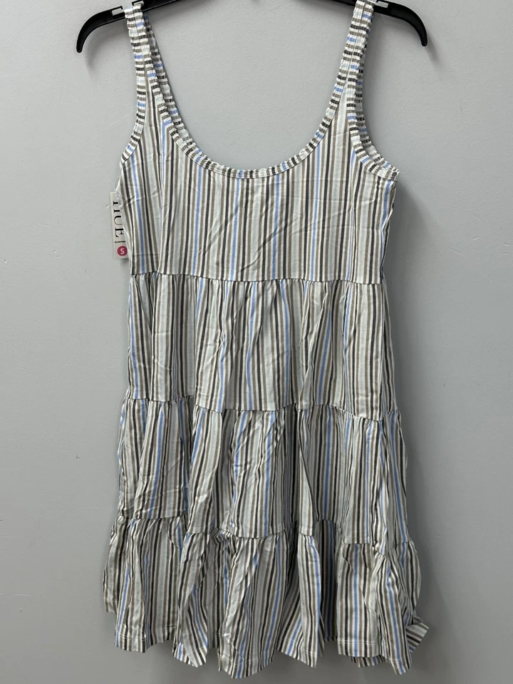 Camisola feminina HUE branca cinza azul listrada em camadas curta sem mangas tamanho pequeno - Imagem 4 de 4