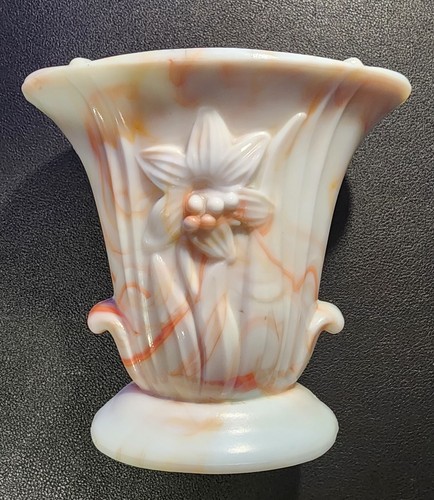 VTG 30's Akro Agate Orange/White Marble Slag Glass Vase Planters 658 Made In USA - Picture 6 of 14