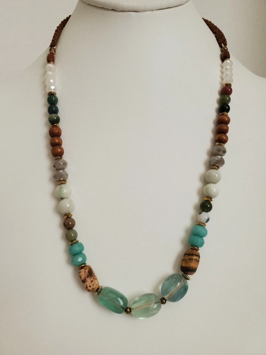 Designer Nakamol Brand Gemstone with Braided Leather Accents Necklace
